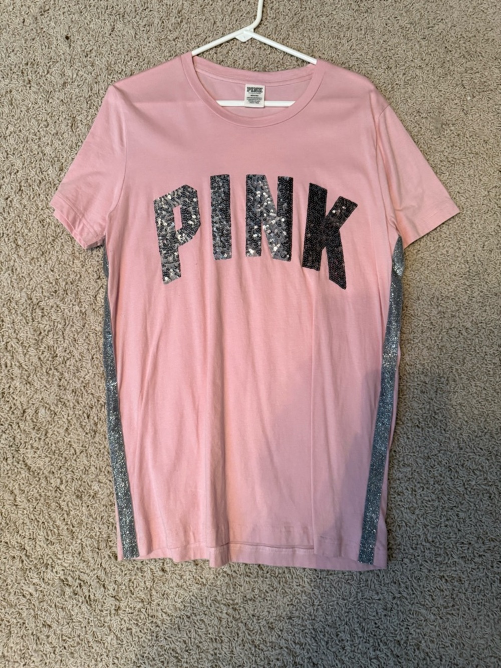 PINK Victoria's Secret Light Pink Sequin Logo Tee with Silver Stripe
